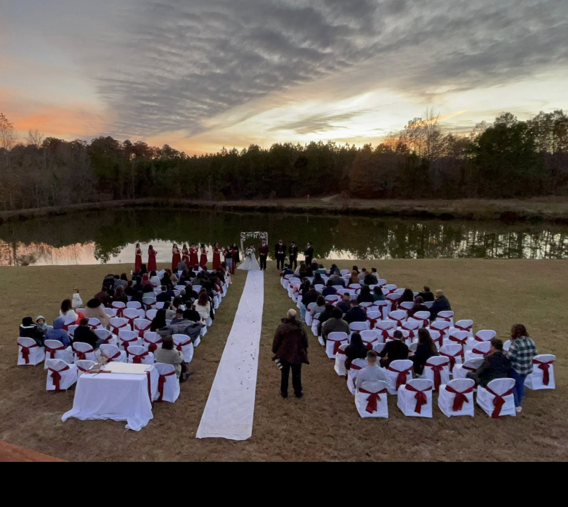 Elegant outdoor wedding ceremony at Camacho's Farms with alpacas in the background